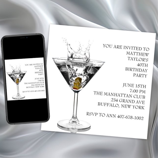 Invitación Cumpleaños del hombre con copa de Martini (Martini Glass Mans Birthday Party Invitation. Martini invitation for any event or occasion.)