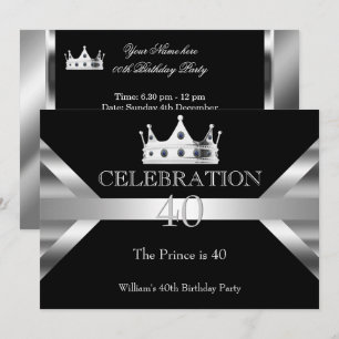 Invitación Cumpleaños del hombre elegante negro plata Príncip