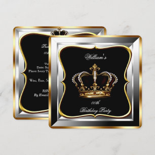 Invitación Cumpleaños del Hombre Negro Plateado Dorado Prínci