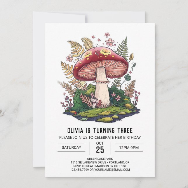 Invitación Cumpleaños del hongo digital de la Bonito forestal (Anverso)