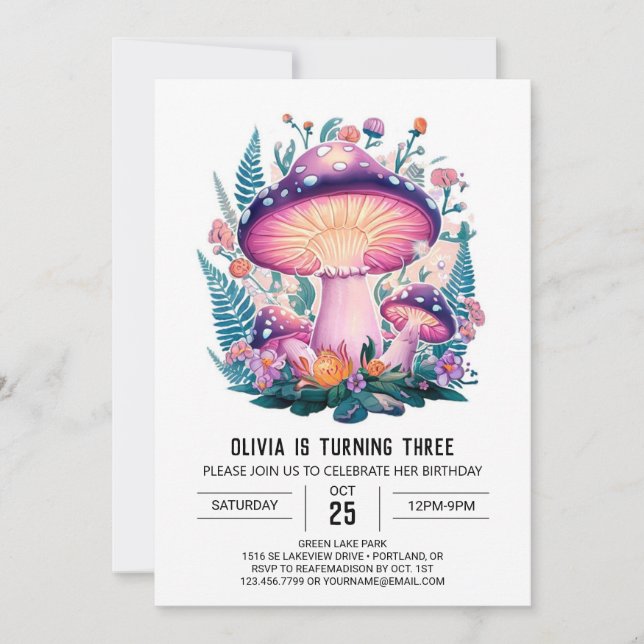 Invitación Cumpleaños del hongo digital Pastel Woods (Anverso)