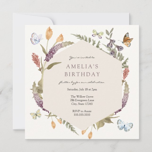 Invitación Cumpleaños del Jardín de Flores de Mariposa (Anverso)