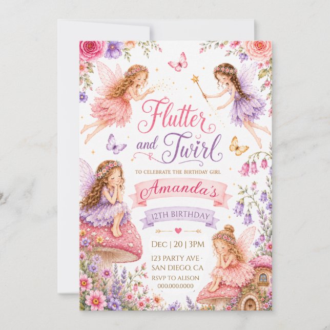 Invitación Cumpleaños del jardín de hadas Flutter y Twirl (Anverso)