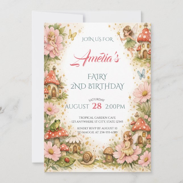 Invitación Cumpleaños del jardín de hadas mágicas con acuarel (Anverso)