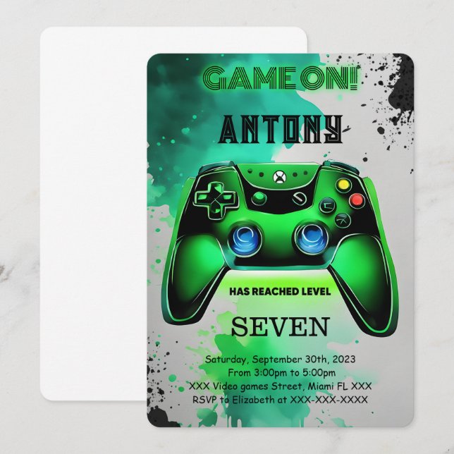 Invitación Cumpleaños del juego de video (Anverso / Reverso)