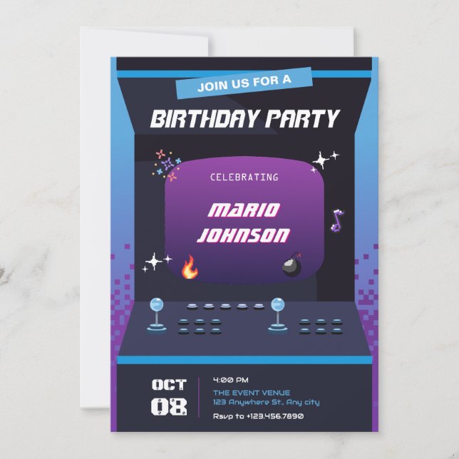 Invitación Cumpleaños del juego Pixel (Anverso)