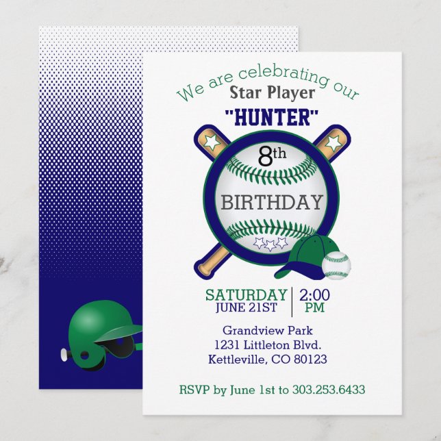 Invitación Cumpleaños del jugador de béisbol estrella (Anverso / Reverso)