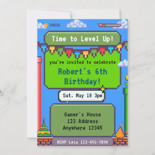 Invitación Cumpleaños del jugador de píxeles hora de subir de
