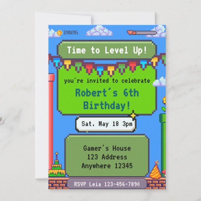 Invitación Cumpleaños del jugador de píxeles hora de subir de (Anverso)