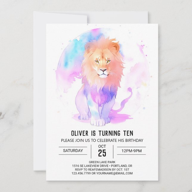 Invitación Cumpleaños del león Boho Pastel (Anverso)