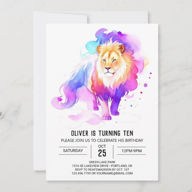 Invitación Cumpleaños del León de la acuarela salvaje (Anverso)
