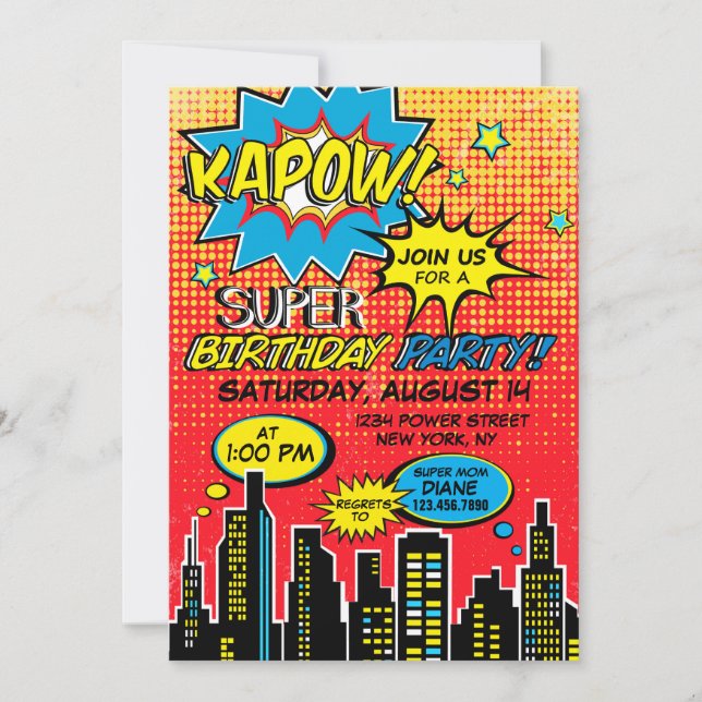 Invitación Cumpleaños del libro de historietas Super Hero (Anverso)