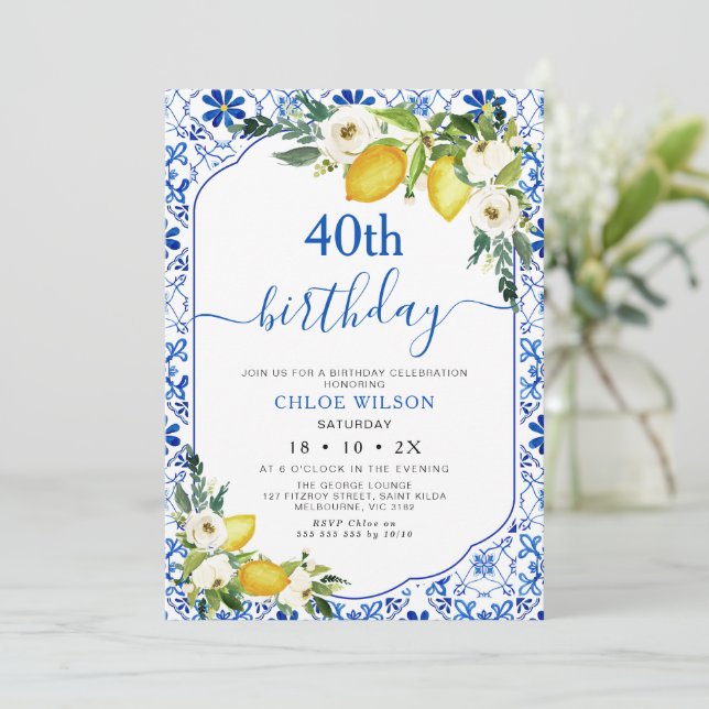 Invitación Cumpleaños del limón Positano azul mediterráneo (Anverso de pie)