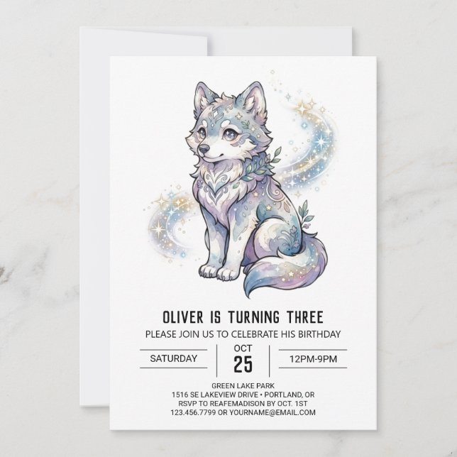 Invitación Cumpleaños del Lobo Celestial Lavanda (Anverso)
