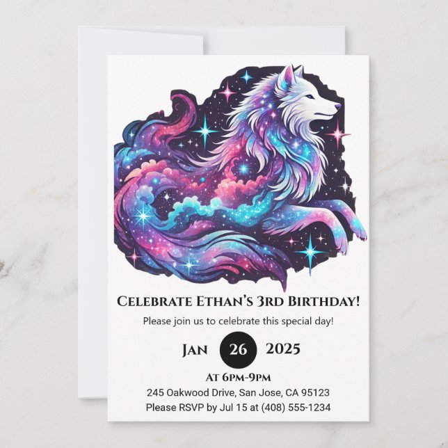 Invitación Cumpleaños del Lobo Cósmico Arcoíris (Anverso)