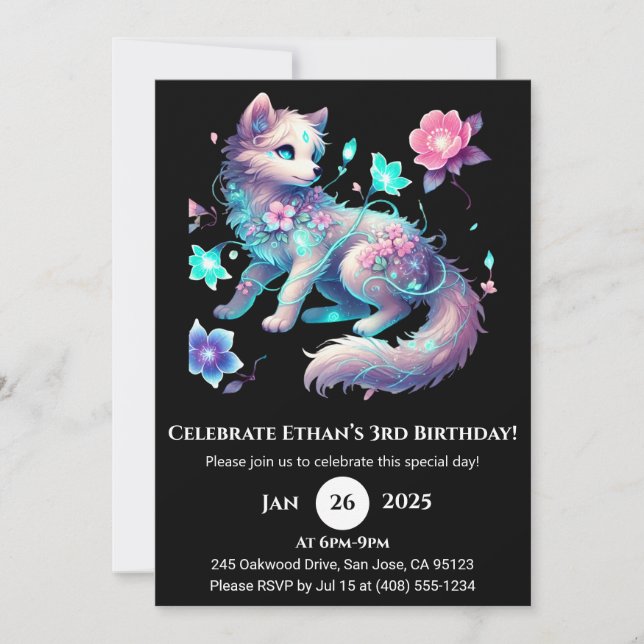 Invitación Cumpleaños del Lobo de Flor Enchanted (Anverso)