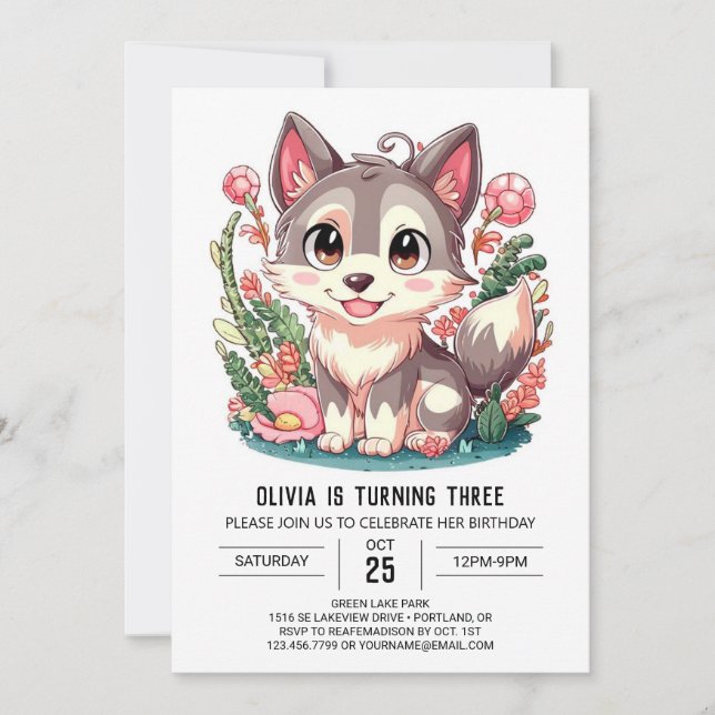 Invitación Cumpleaños del Lobo Digital de Pastel (Anverso)