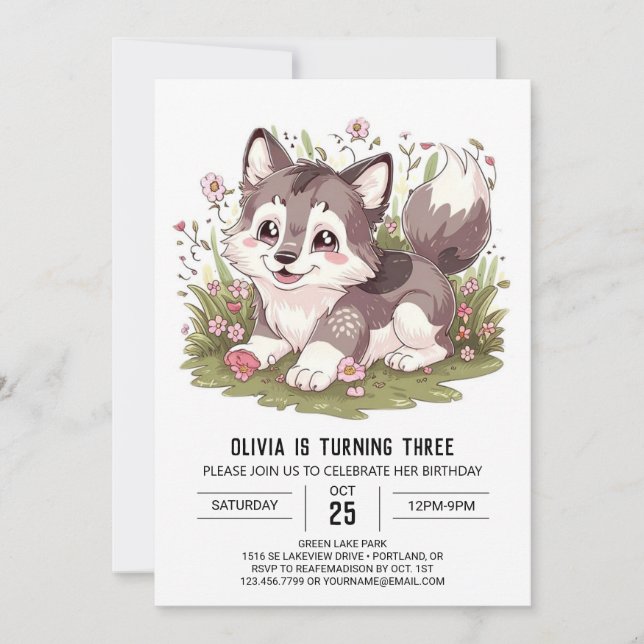 Invitación Cumpleaños del Lobo Digital Woodland Howling (Anverso)