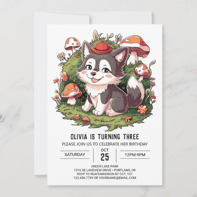 Invitación Cumpleaños del lobo digital Woodland Pastel (Anverso)