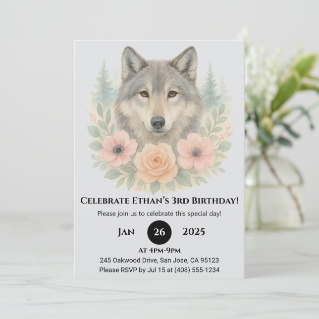 Invitación Cumpleaños del Lobo Floral del Bosque (Anverso de pie)