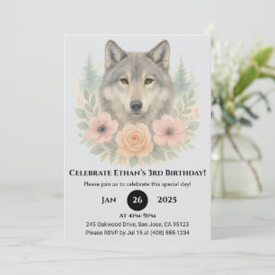 Invitación Cumpleaños del Lobo Floral del Bosque