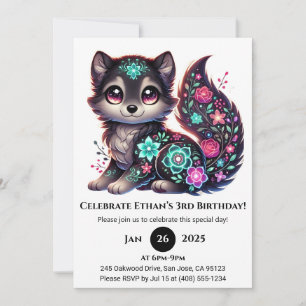 Invitación Cumpleaños del Lobo Resplandor Floral
