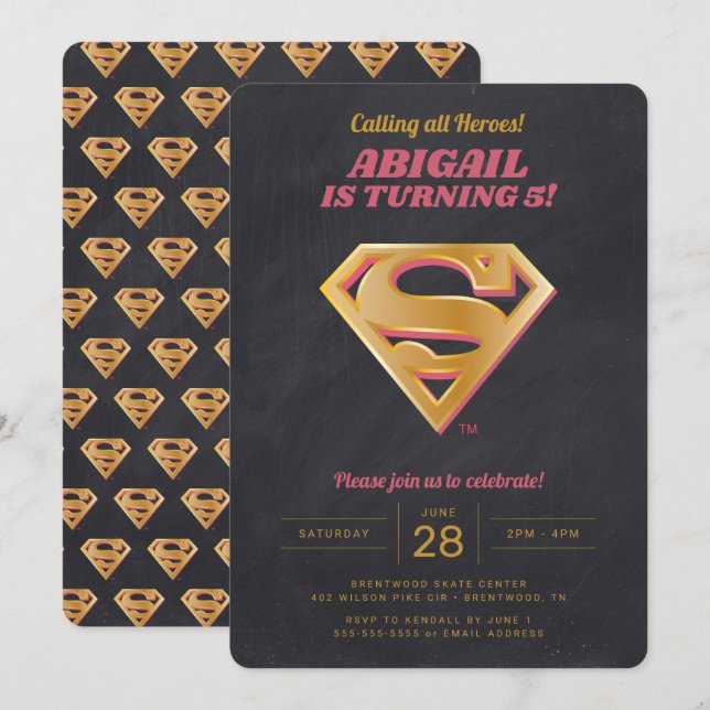 Invitación Cumpleaños del logo Supergirl Pink and Gold Chalkb (Anverso / Reverso)