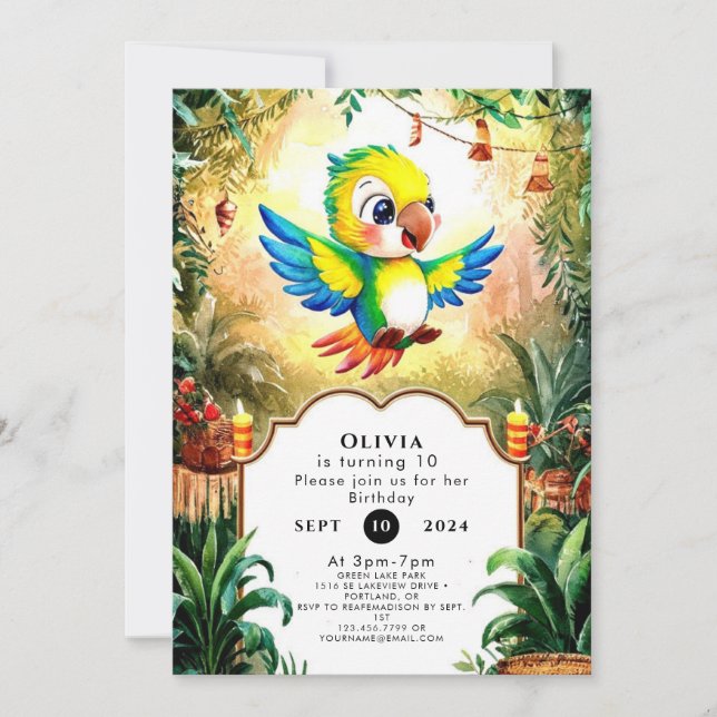 Invitación Cumpleaños del loro de la jungla mágica (Anverso)