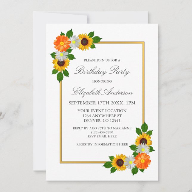 Invitación Cumpleaños del marco dorado floral (Anverso)