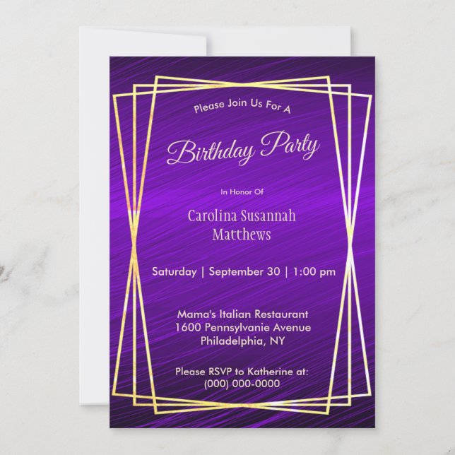 Invitación Cumpleaños del marco dorado púrpura moderno (Anverso)