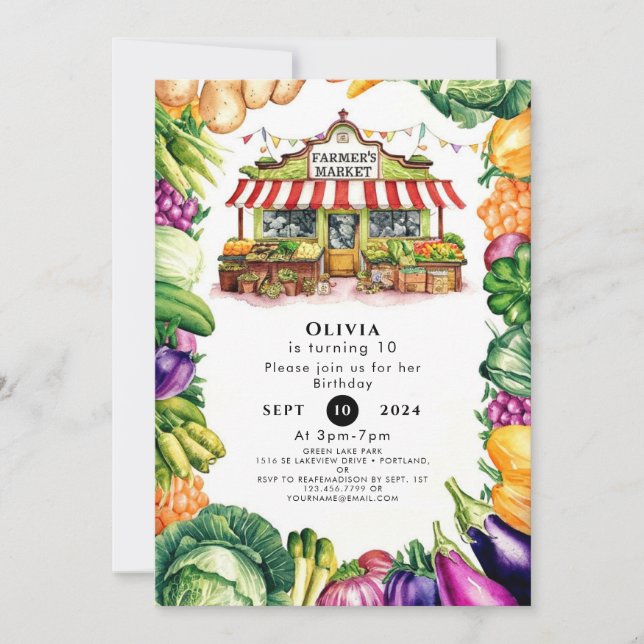 Invitación Cumpleaños del Mercado de Vegetales Encantados (Anverso)
