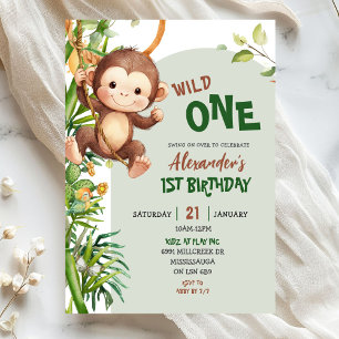 Invitación Cumpleaños del Mono Verde Safari Wild One Primero