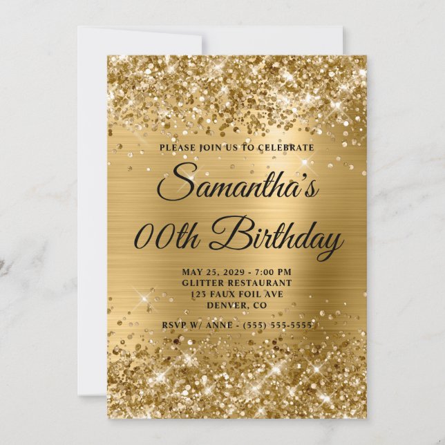 Invitación Cumpleaños del Monograma de Oro Purpurinoso (Anverso)