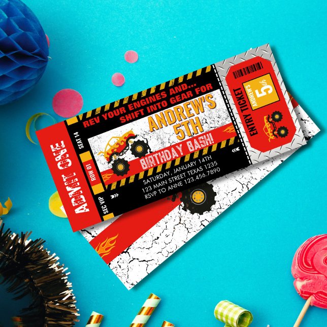 Invitación Cumpleaños del Monster Truck Ticket (bold red and yellow colors and a grunge-style background, this editable birthday invite is perfect f)