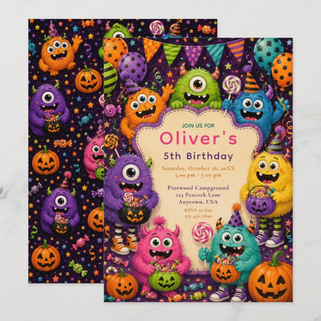 Invitación Cumpleaños del Monstruo de Halloween Colorido (Anverso / Reverso)
