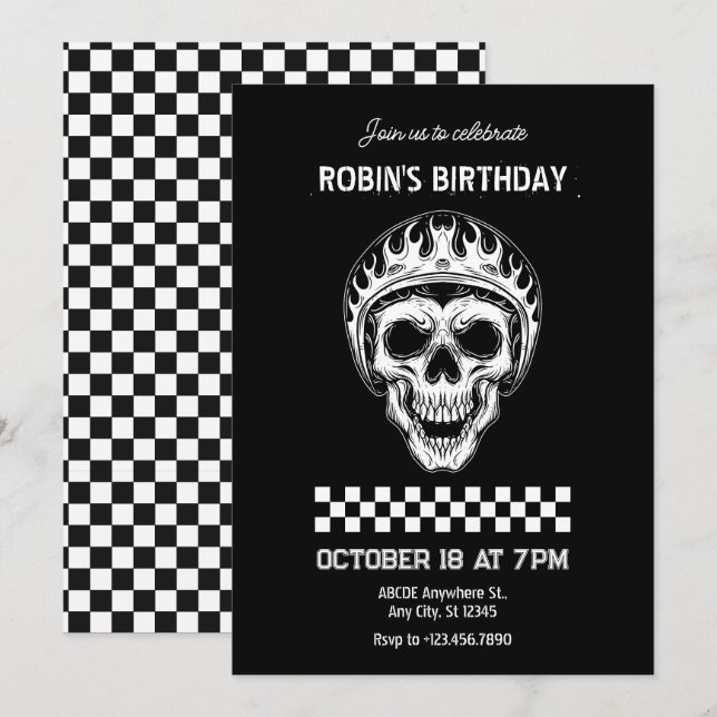 Invitación Cumpleaños del motociclista Skull head (Anverso / Reverso)
