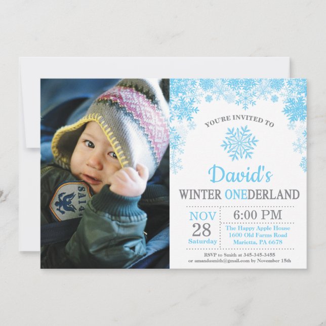Invitación Cumpleaños del muchacho azul del copo de nieve de (Anverso)
