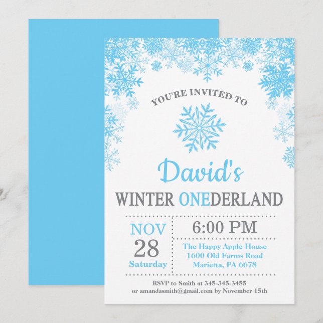 Invitación Cumpleaños del muchacho azul del copo de nieve de (Anverso / Reverso)