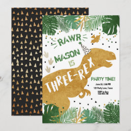 Invitación Cumpleaños del muchacho del oro de Three-Rex T-Rex