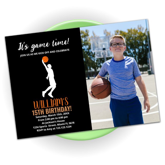 Invitación Cumpleaños del Naranja Negro de Baloncesto con fot (Subido por el creador)