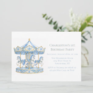 Invitación Cumpleaños del niño 1er. Carousel azul acuarela