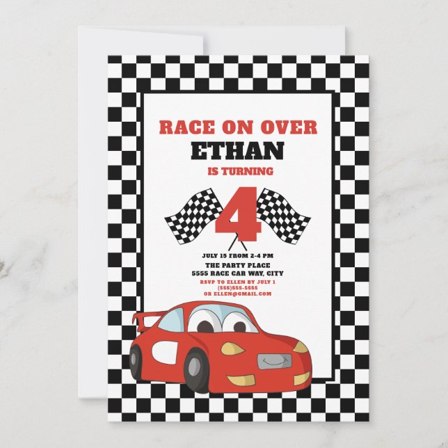 Invitación Cumpleaños del niño: 4ta carrera del auto rojo (Anverso)