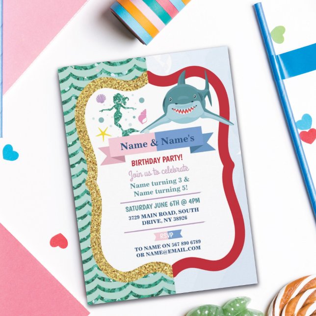Invitación Cumpleaños del niño Chica de la Sirena y el Tiburó (Subido por el creador)