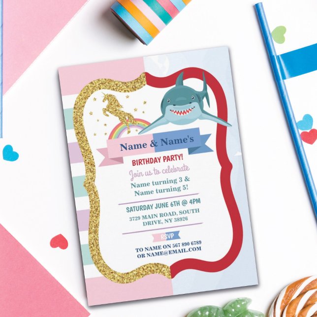 Invitación Cumpleaños del niño Chica de Unicornio y Tiburón (Subido por el creador)
