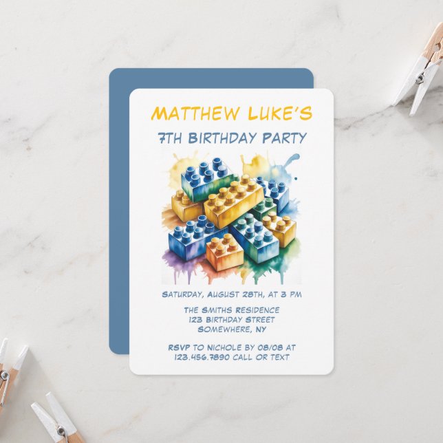 Invitación Cumpleaños del niño con bloque de construcción Spl (Anverso/Reverso In Situ)