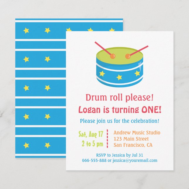 Invitación Cumpleaños del niño con redoble de tambor azul (Anverso / Reverso)