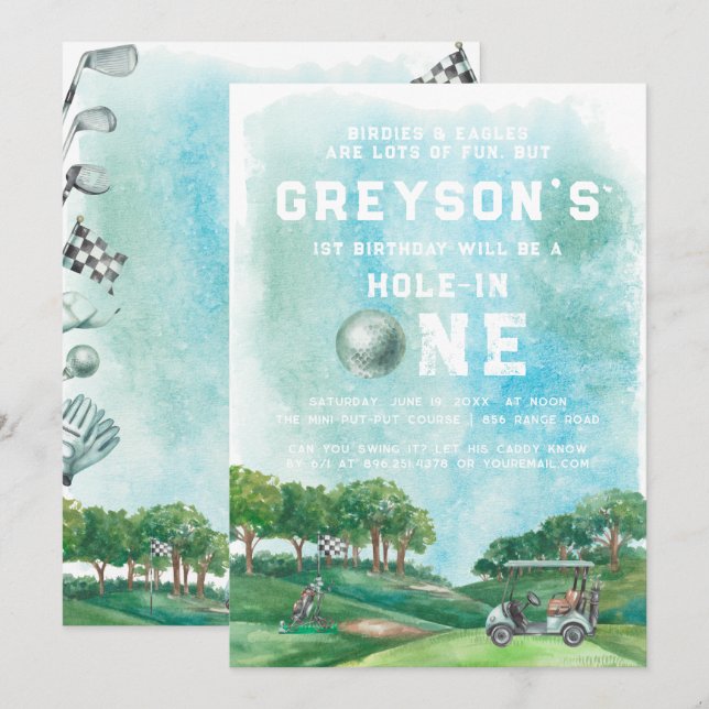 Invitación Cumpleaños del niño de golf Hole In One Par-Tee (Anverso / Reverso)