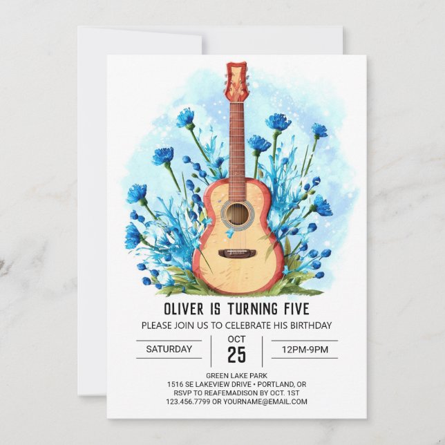Invitación Cumpleaños del niño de guitarra clásica editable (Anverso)