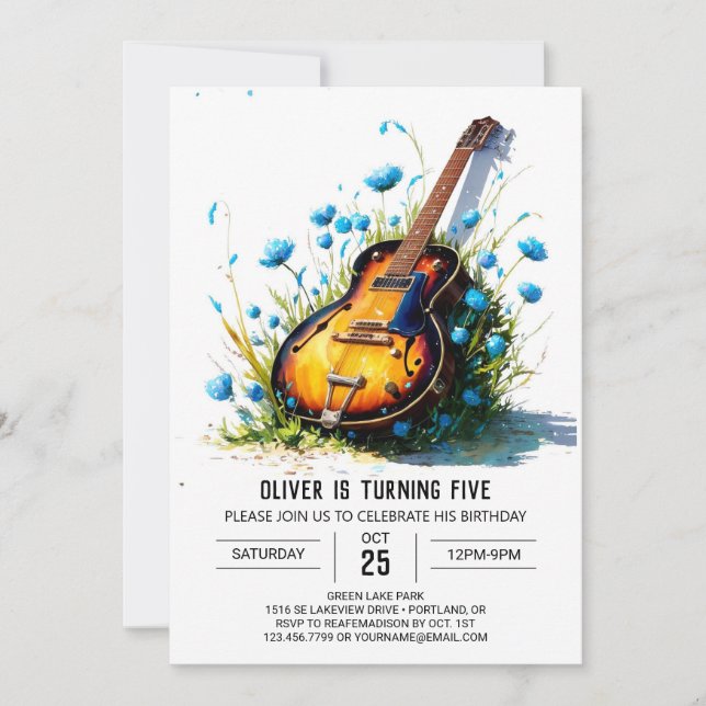 Invitación Cumpleaños del niño de la guitarra azul en línea (Anverso)