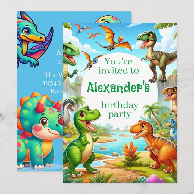 Invitación Cumpleaños del niño de los dinosaurios (Anverso / Reverso)